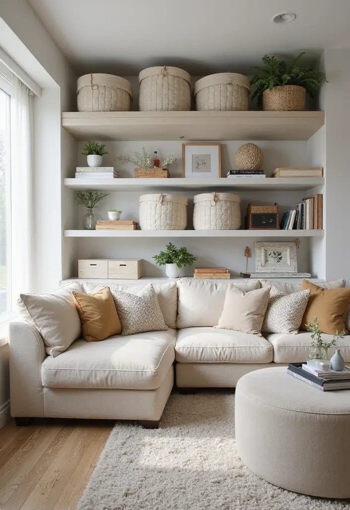 28 TV Wall Decor Living Room Modern Ideas That Look Sleek and Clean - 19. Decorative Storage Bins