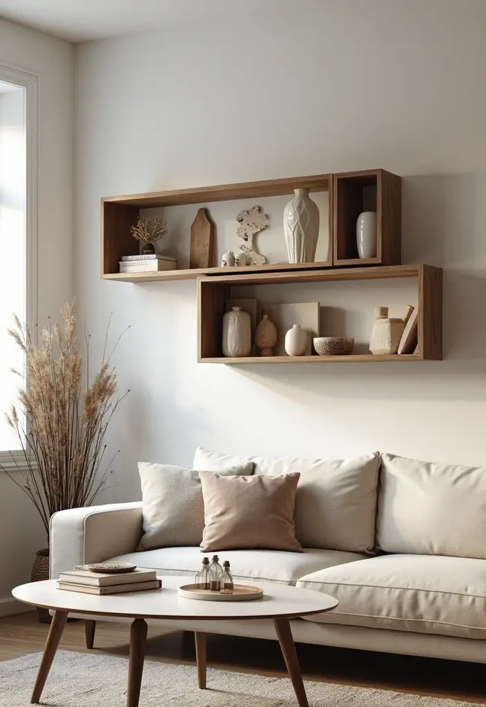 28 TV Wall Decor Living Room Modern Ideas That Look Sleek and Clean - 22. Artistic Wall-mounted Shelves