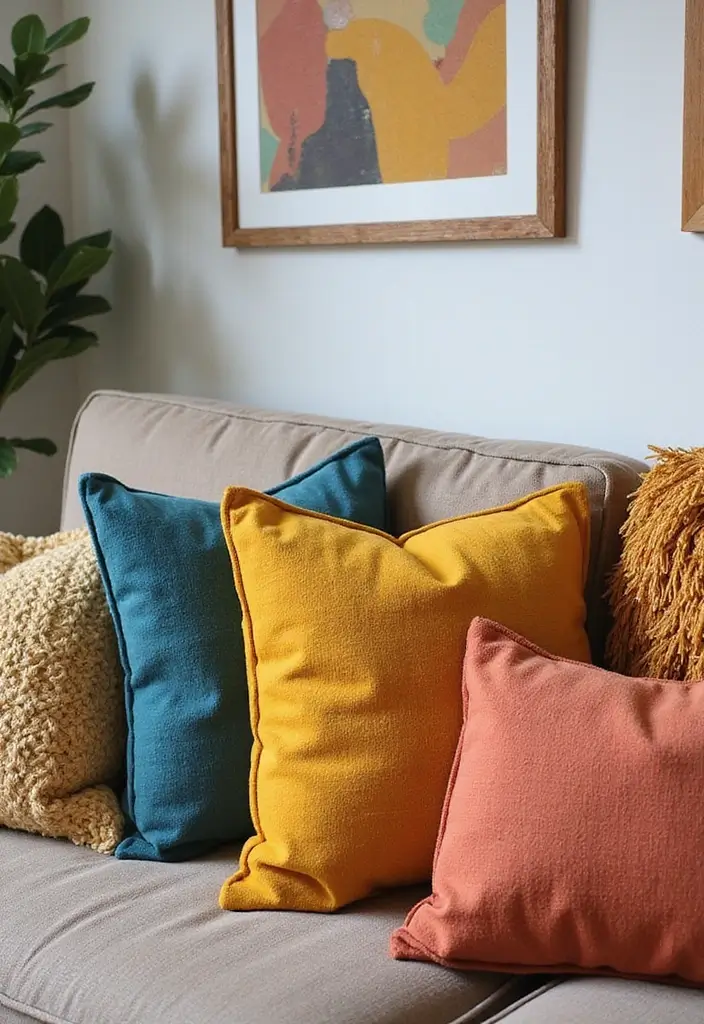 28 UK Living Room Ideas That Feel Timeless and Cozy - 16. Artistic Throw Pillows