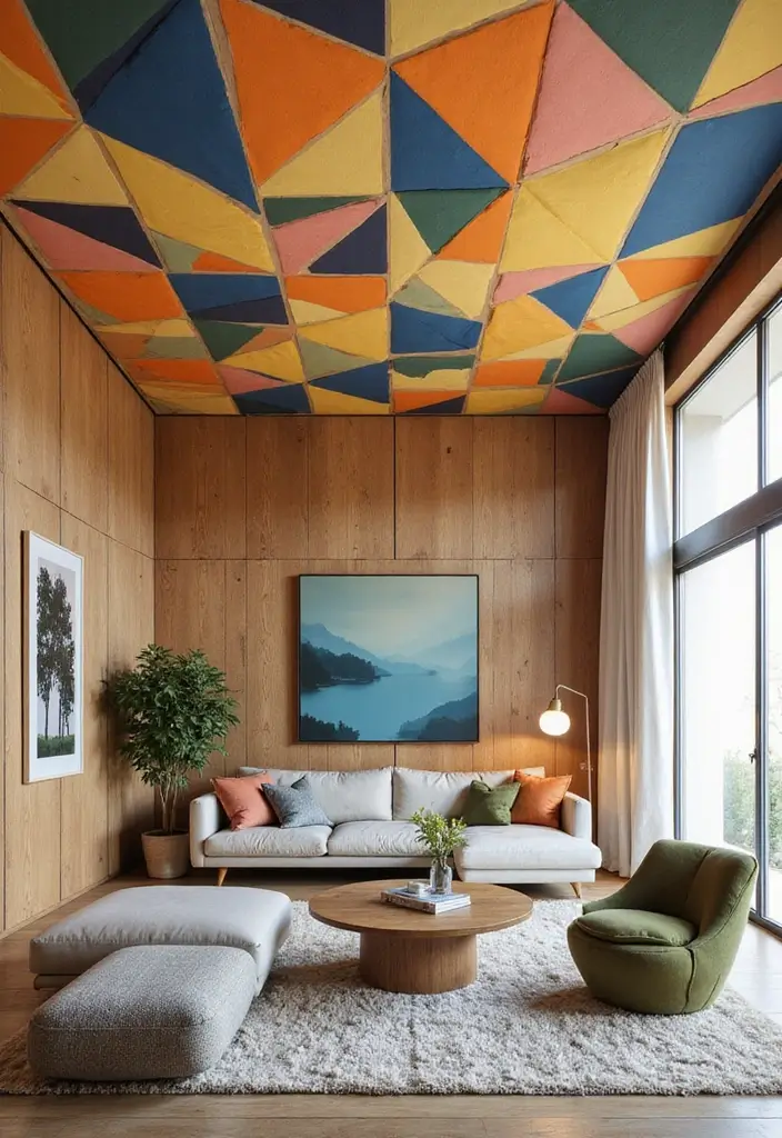 28 Wallpaper on Ceiling Living Room Ideas That Add Unique Drama - 1. Bold Geometric Patterns
