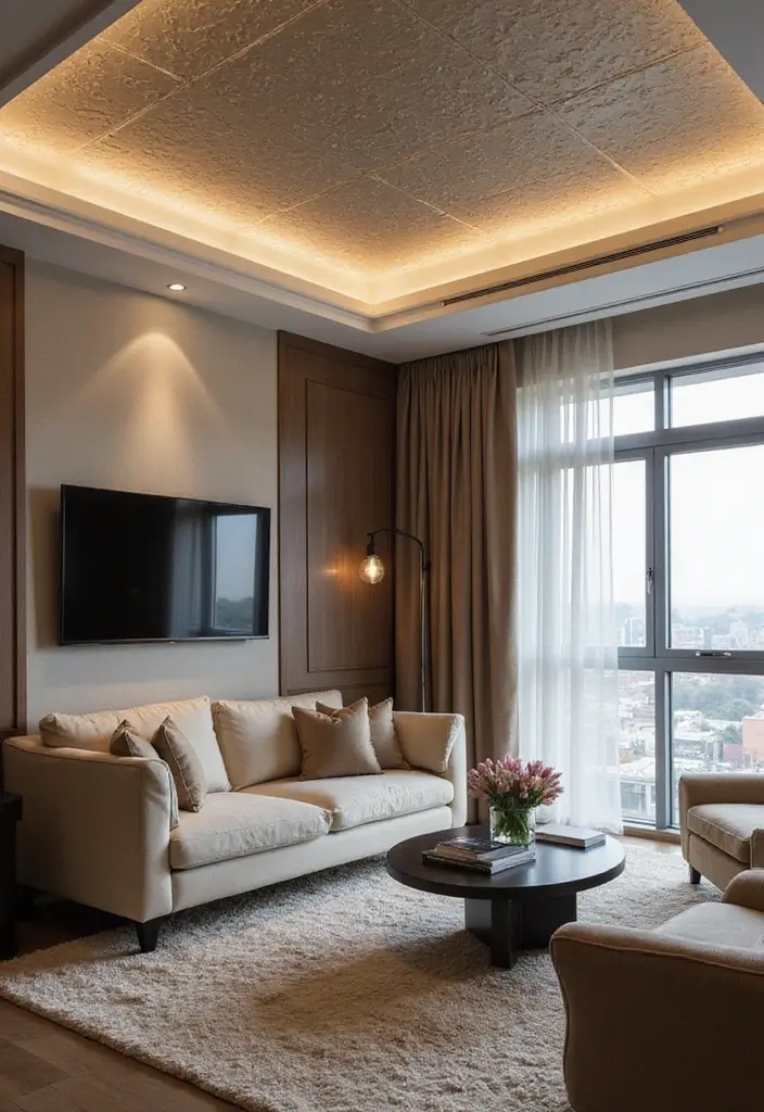 28 Wallpaper on Ceiling Living Room Ideas That Add Unique Drama - 10. Textured Wallpaper for Depth