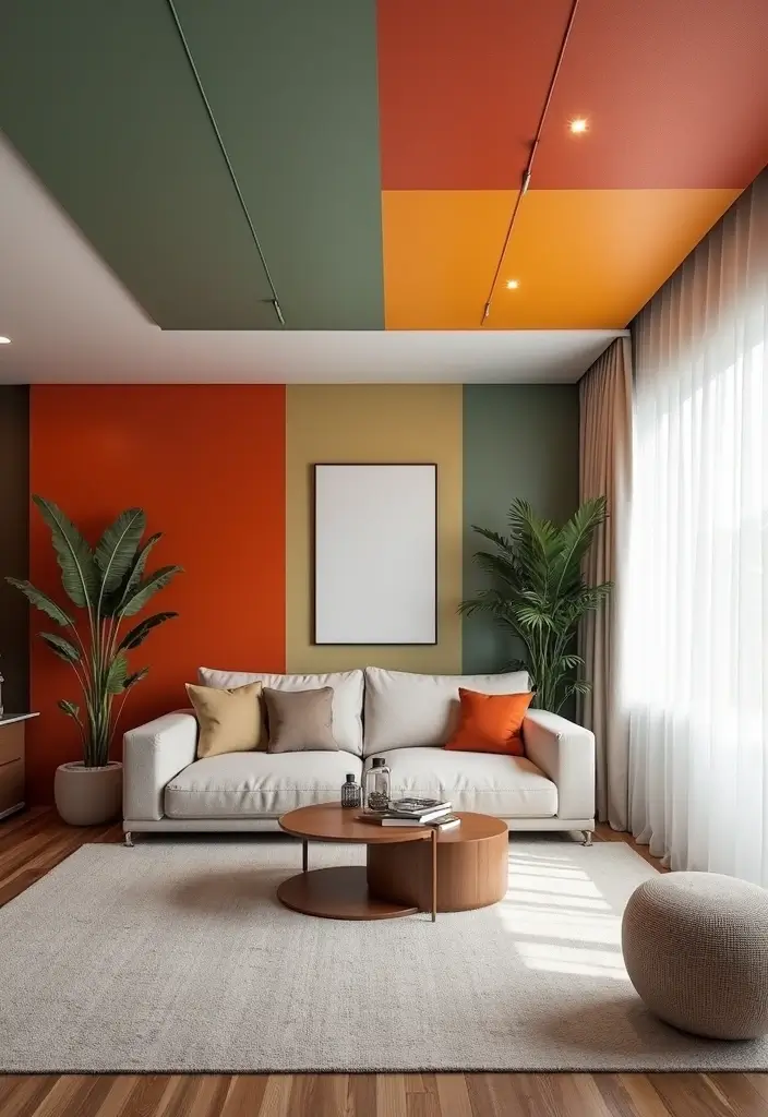 28 Wallpaper on Ceiling Living Room Ideas That Add Unique Drama - 11. Bold Color Blocks