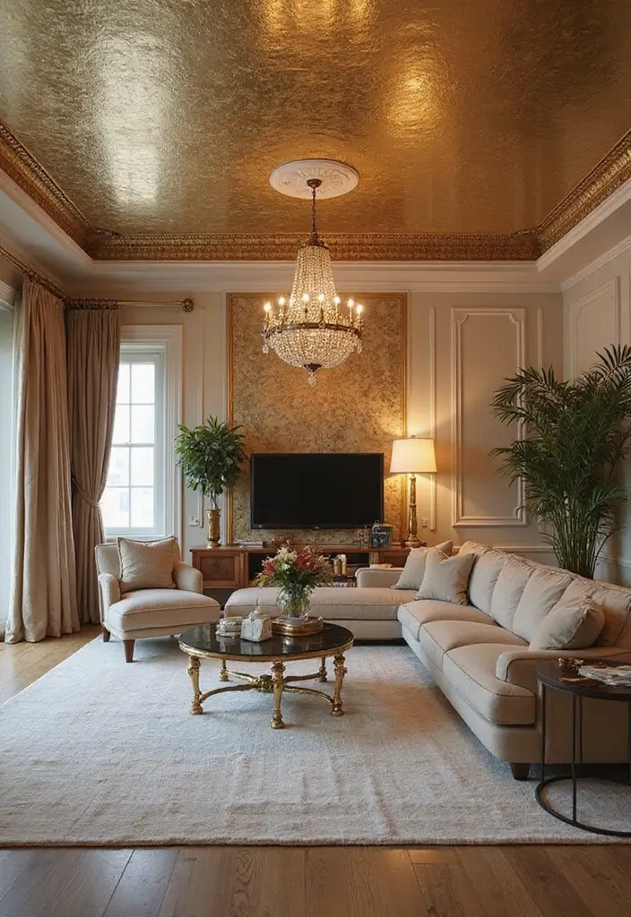28 Wallpaper on Ceiling Living Room Ideas That Add Unique Drama - 12. Metallic Accents