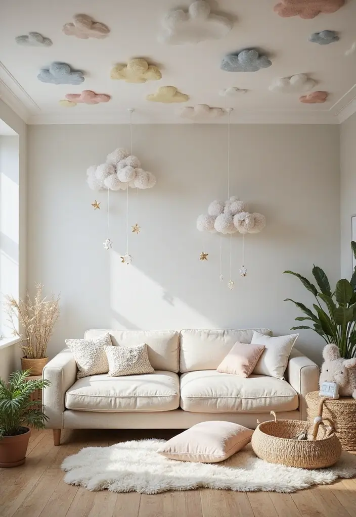 28 Wallpaper on Ceiling Living Room Ideas That Add Unique Drama - 13. Whimsical Clouds