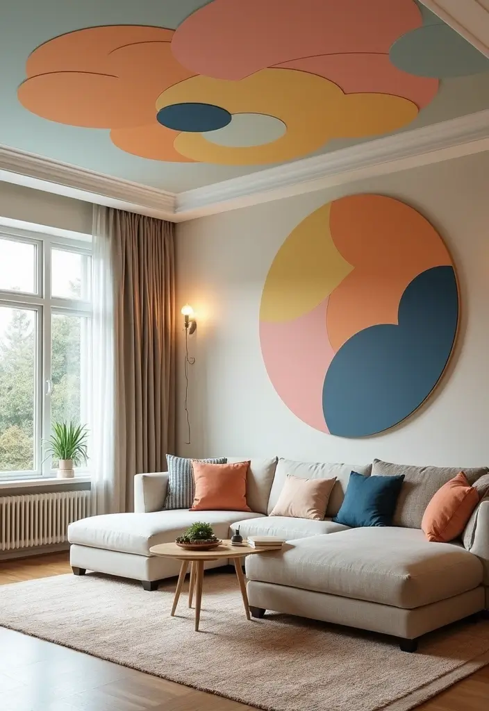 28 Wallpaper on Ceiling Living Room Ideas That Add Unique Drama - 14. Artistic Geometric Focal Points