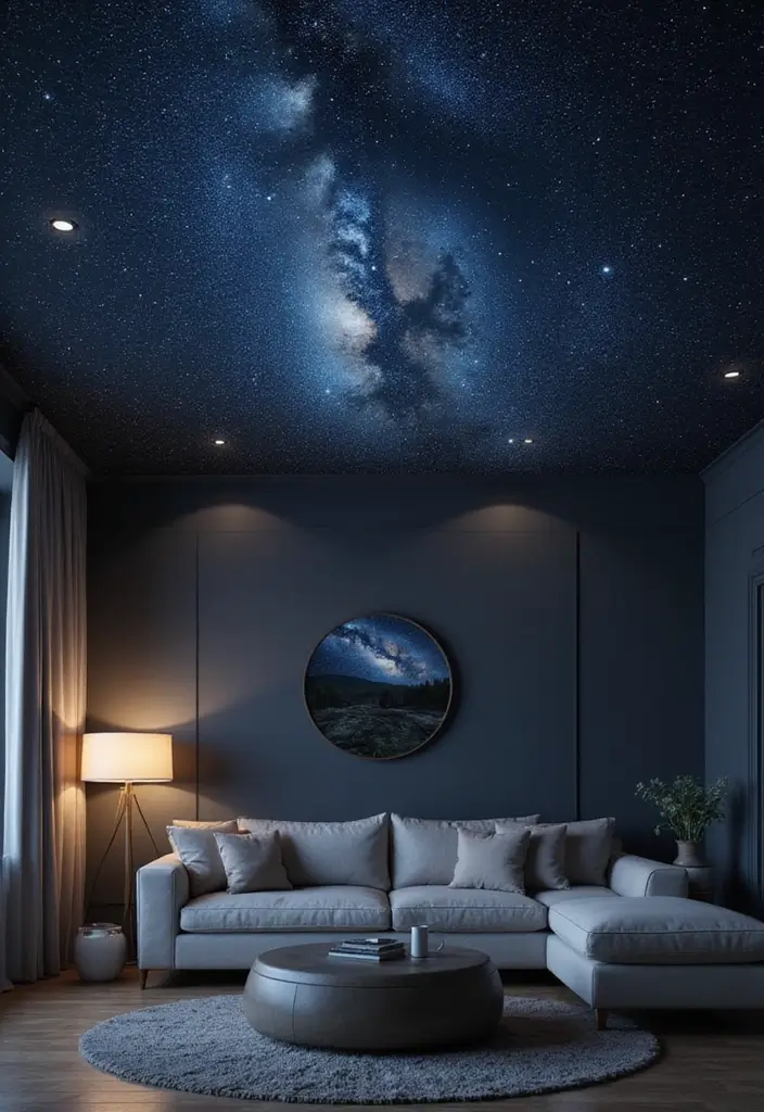 28 Wallpaper on Ceiling Living Room Ideas That Add Unique Drama - 16. Celestial Patterns