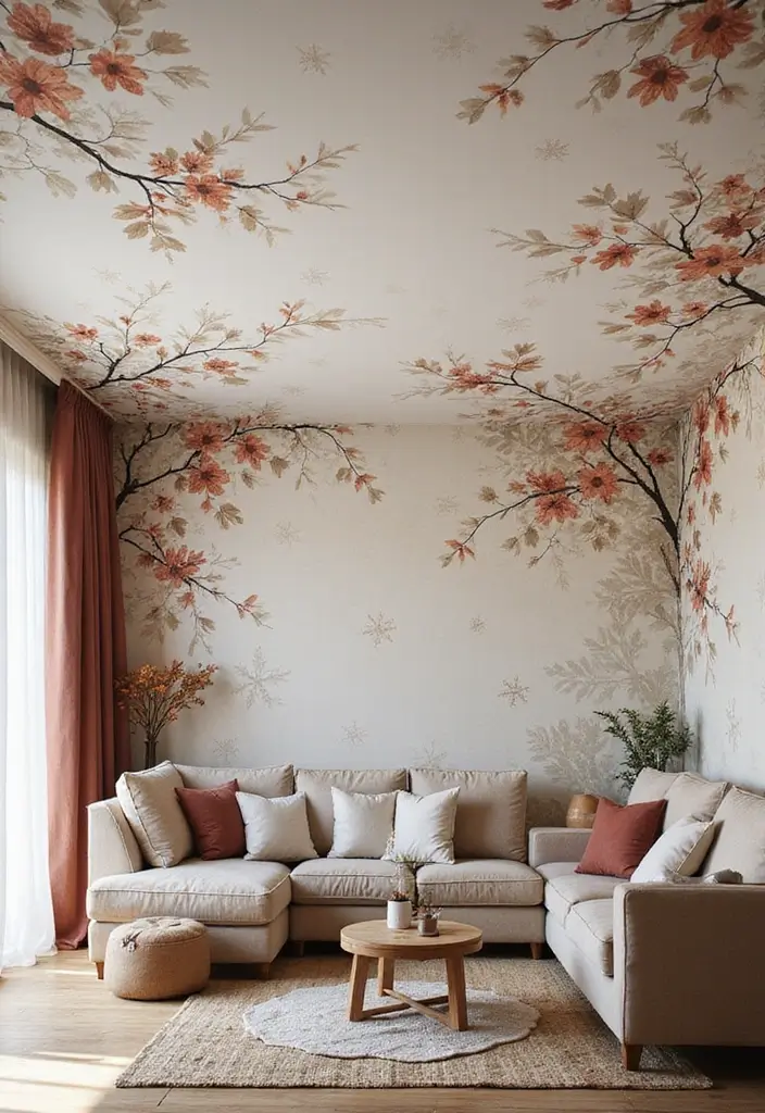 28 Wallpaper on Ceiling Living Room Ideas That Add Unique Drama - 18. Seasonal Patterns