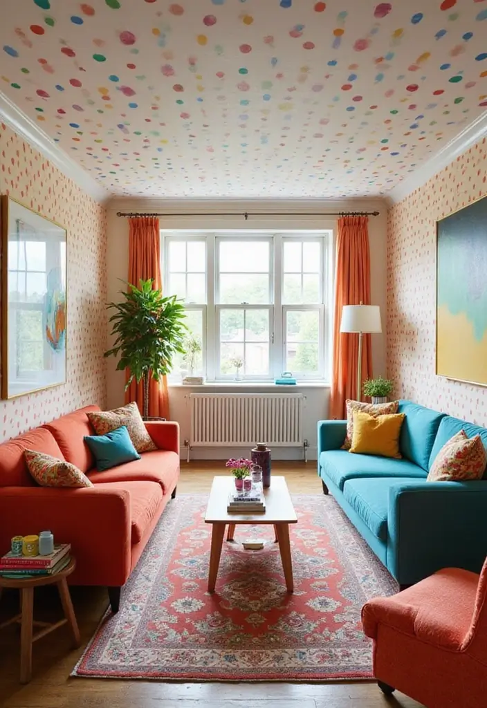 28 Wallpaper on Ceiling Living Room Ideas That Add Unique Drama - 19. Playful Polka Dots