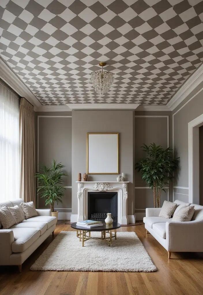 28 Wallpaper on Ceiling Living Room Ideas That Add Unique Drama - 20. Classic Checkerboard