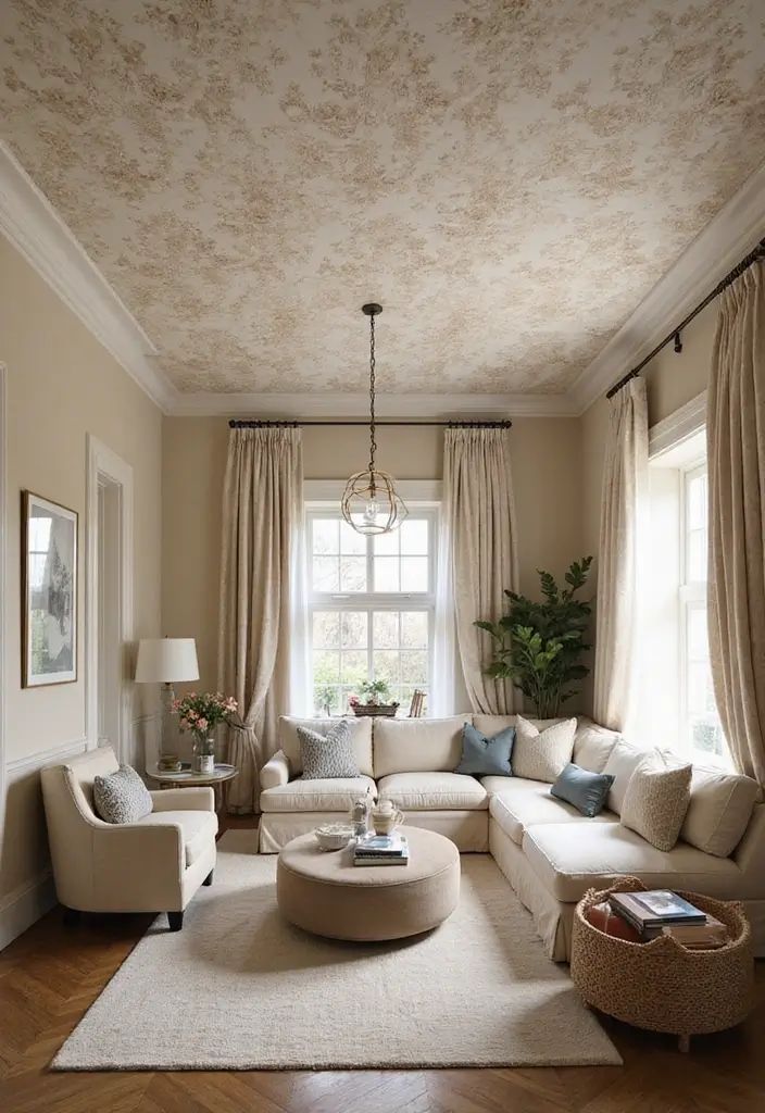 28 Wallpaper on Ceiling Living Room Ideas That Add Unique Drama - 21. Textured Floral Designs