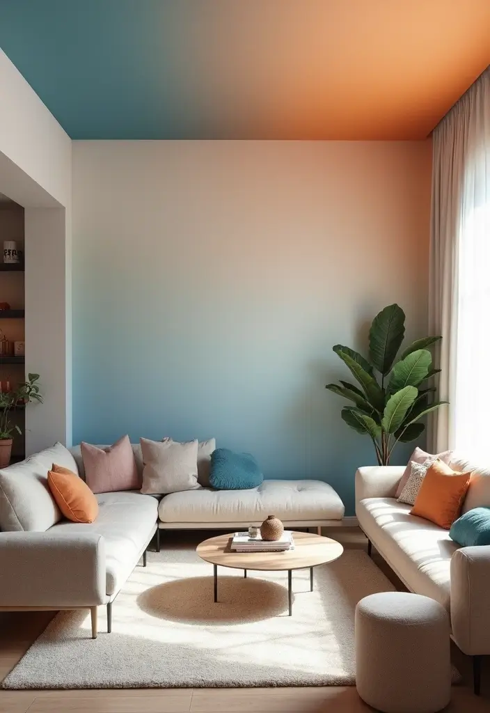 28 Wallpaper on Ceiling Living Room Ideas That Add Unique Drama - 22. Artistic Ombre