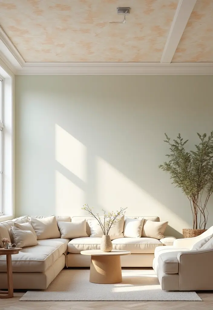 28 Wallpaper on Ceiling Living Room Ideas That Add Unique Drama - 23. Soft Pastel Patterns