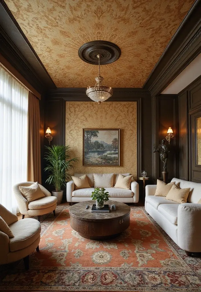 28 Wallpaper on Ceiling Living Room Ideas That Add Unique Drama - 25. Art Deco Glamour