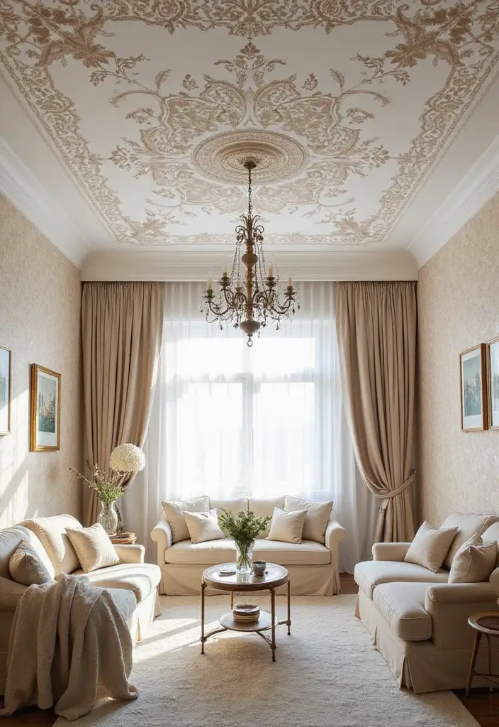 28 Wallpaper on Ceiling Living Room Ideas That Add Unique Drama - 27. Elegant Lace Patterns