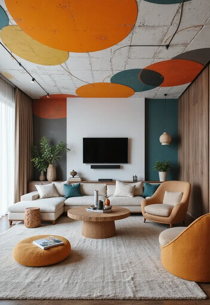 28 Wallpaper on Ceiling Living Room Ideas That Add Unique Drama - 28. Contemporary Art Inspirations