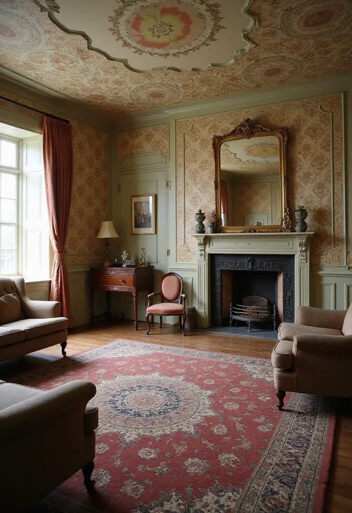 28 Wallpaper on Ceiling Living Room Ideas That Add Unique Drama - 3. Vintage Wallpaper Restorations