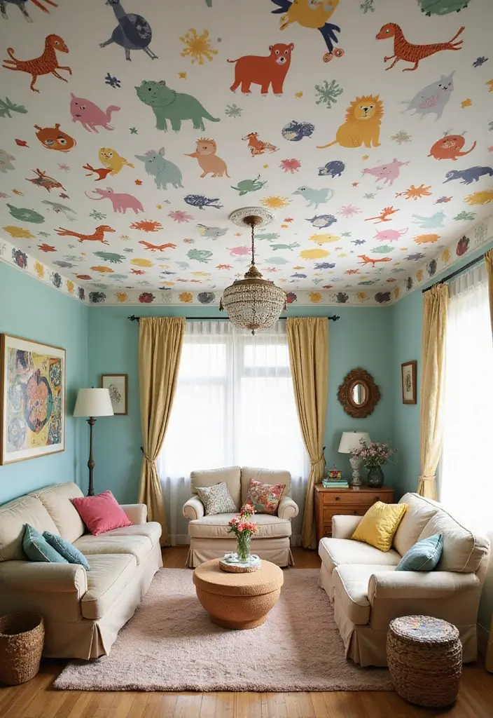 28 Wallpaper on Ceiling Living Room Ideas That Add Unique Drama - 4. Whimsical Prints for a Playful Atmosphere