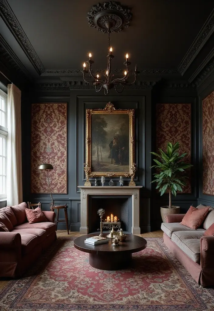 28 Wallpaper on Ceiling Living Room Ideas That Add Unique Drama - 5. Dark and Dramatic Prints