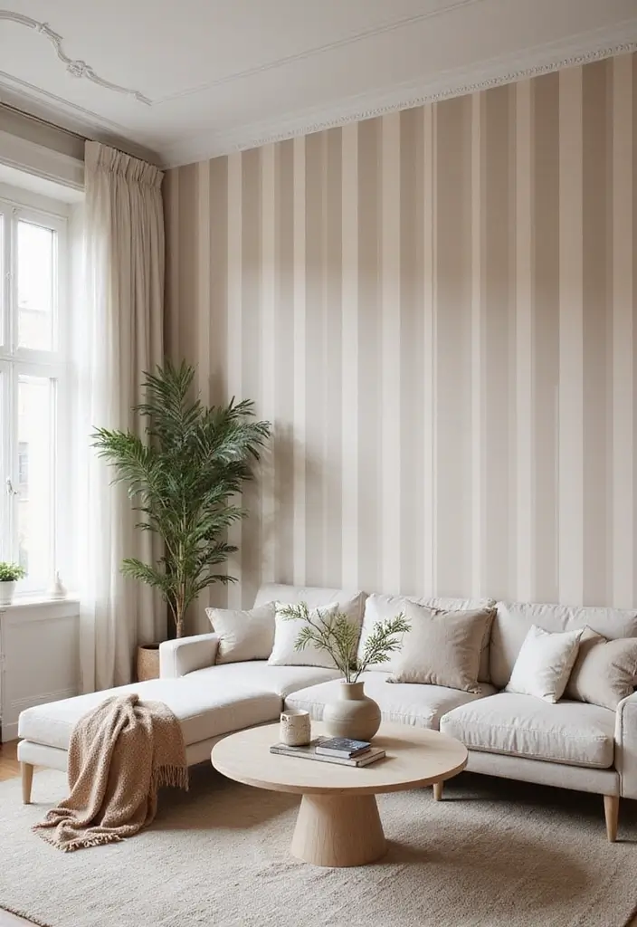 28 Wallpaper on Ceiling Living Room Ideas That Add Unique Drama - 6. Stripes for Height Illusion