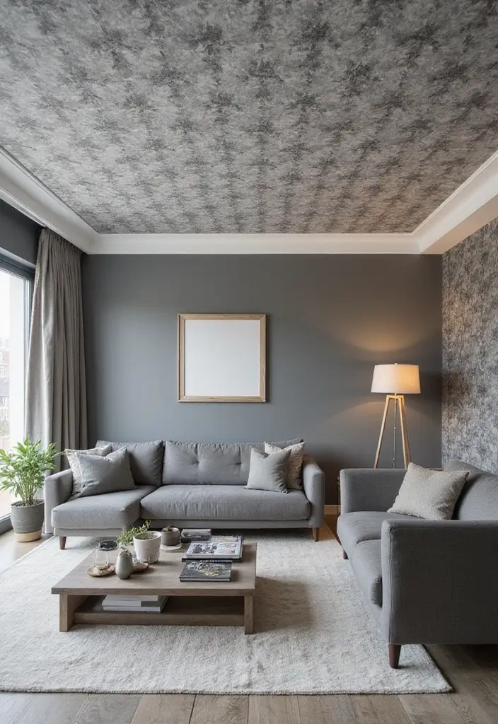 28 Wallpaper on Ceiling Living Room Ideas That Add Unique Drama - 7. Monochromatic Patterns