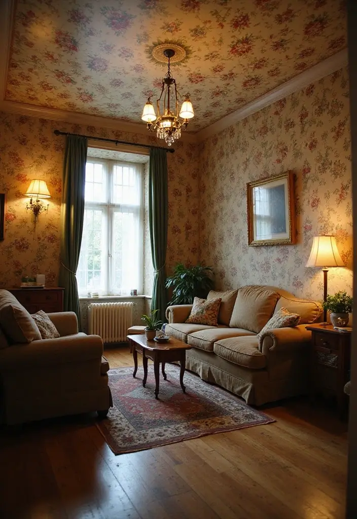 28 Wallpaper on Ceiling Living Room Ideas That Add Unique Drama - 8. Vintage Floral Wallpapers