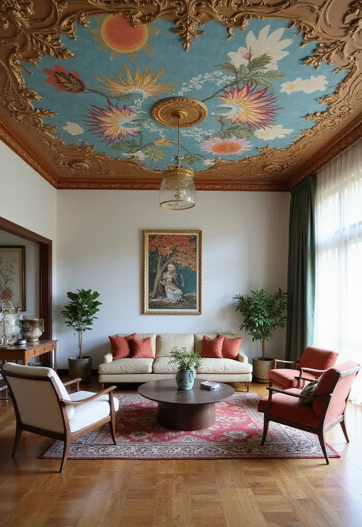 28 Wallpaper on Ceiling Living Room Ideas That Add Unique Drama - 9. Artistic Mural Ceilings
