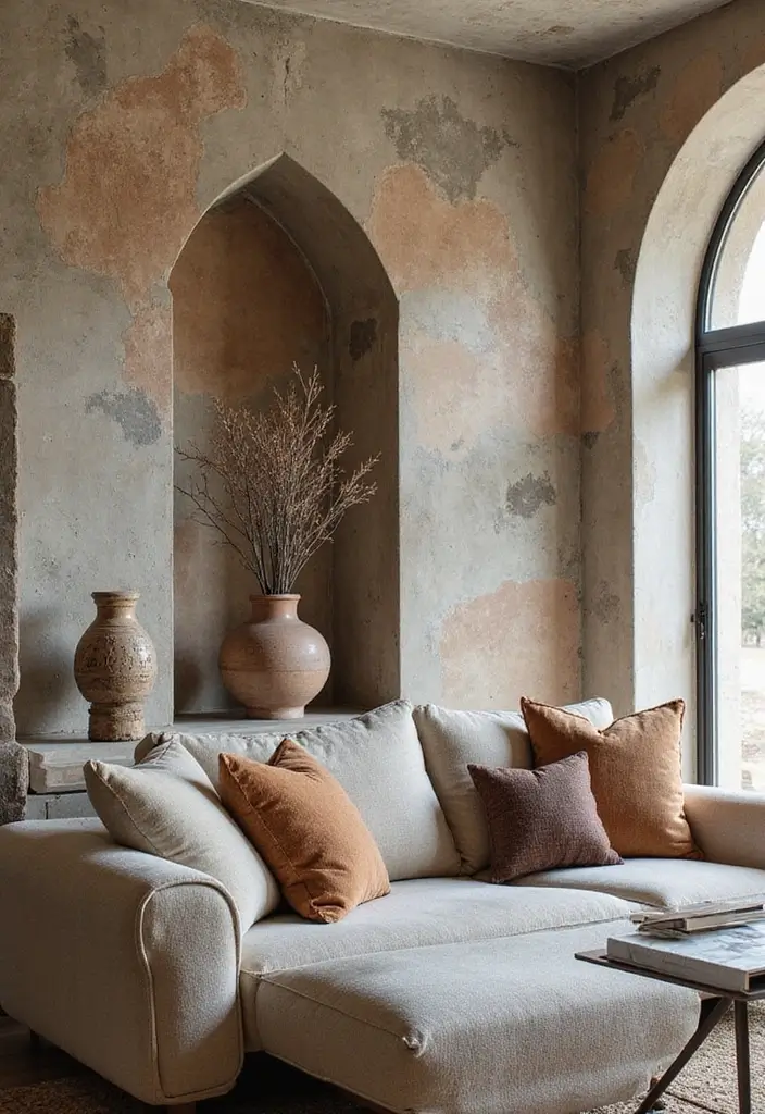 29 Arch Design Living Room With Cement Ideas That Feel Minimal and Modern - 10. Artistic Wall Treatments