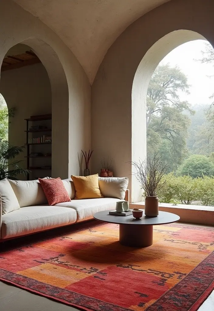 29 Arch Design Living Room With Cement Ideas That Feel Minimal and Modern - 11. Statement Rugs