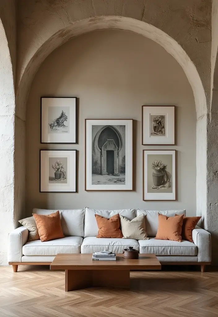 29 Arch Design Living Room With Cement Ideas That Feel Minimal and Modern - 12. Curated Artwork Displays