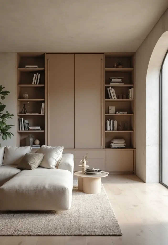 29 Arch Design Living Room With Cement Ideas That Feel Minimal and Modern - 13. Smart Storage Solutions