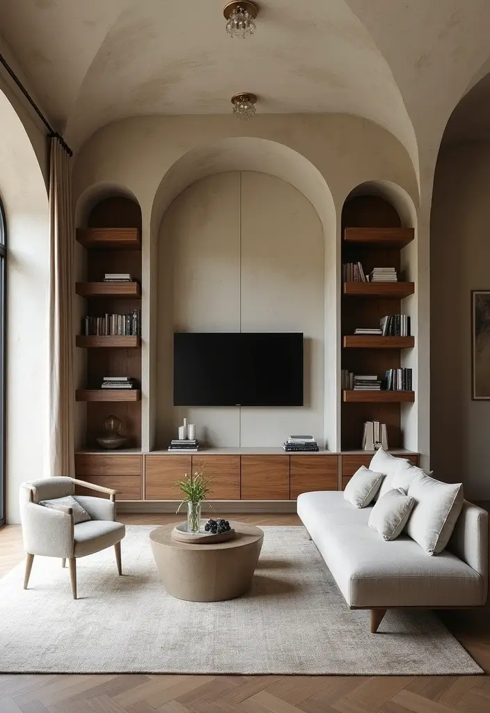 29 Arch Design Living Room With Cement Ideas That Feel Minimal and Modern - 15. Customized Built-ins