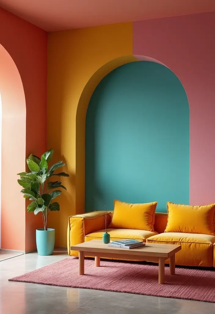 29 Arch Design Living Room With Cement Ideas That Feel Minimal and Modern - 18. Using Color-Blocking Techniques