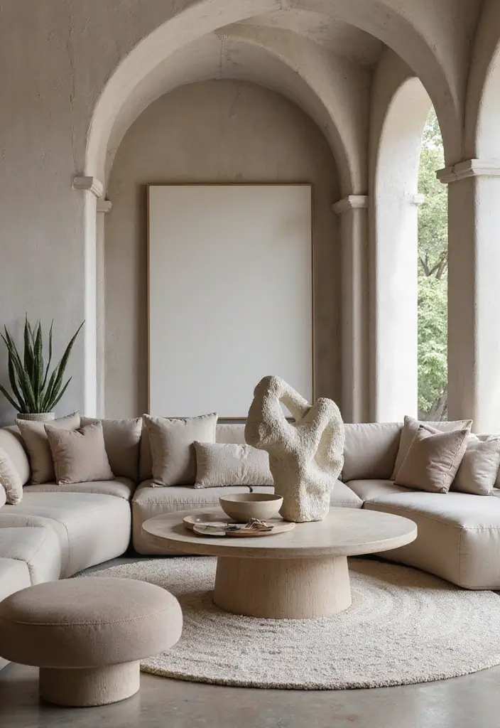 29 Arch Design Living Room With Cement Ideas That Feel Minimal and Modern - 19. Sculptural Decor Pieces