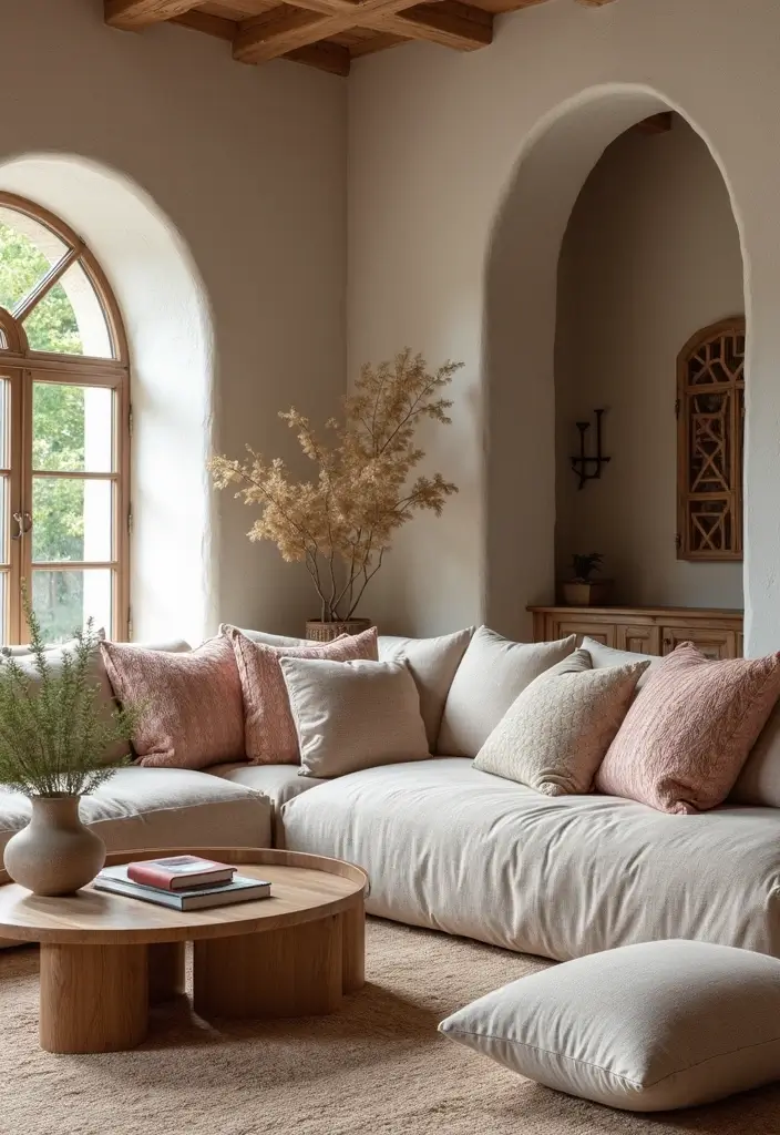 29 Arch Design Living Room With Cement Ideas That Feel Minimal and Modern - 21. Decorative Pillows