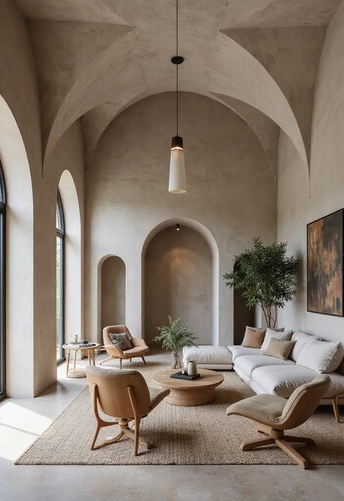 29 Arch Design Living Room With Cement Ideas That Feel Minimal and Modern - 27. Unique Ceiling Designs