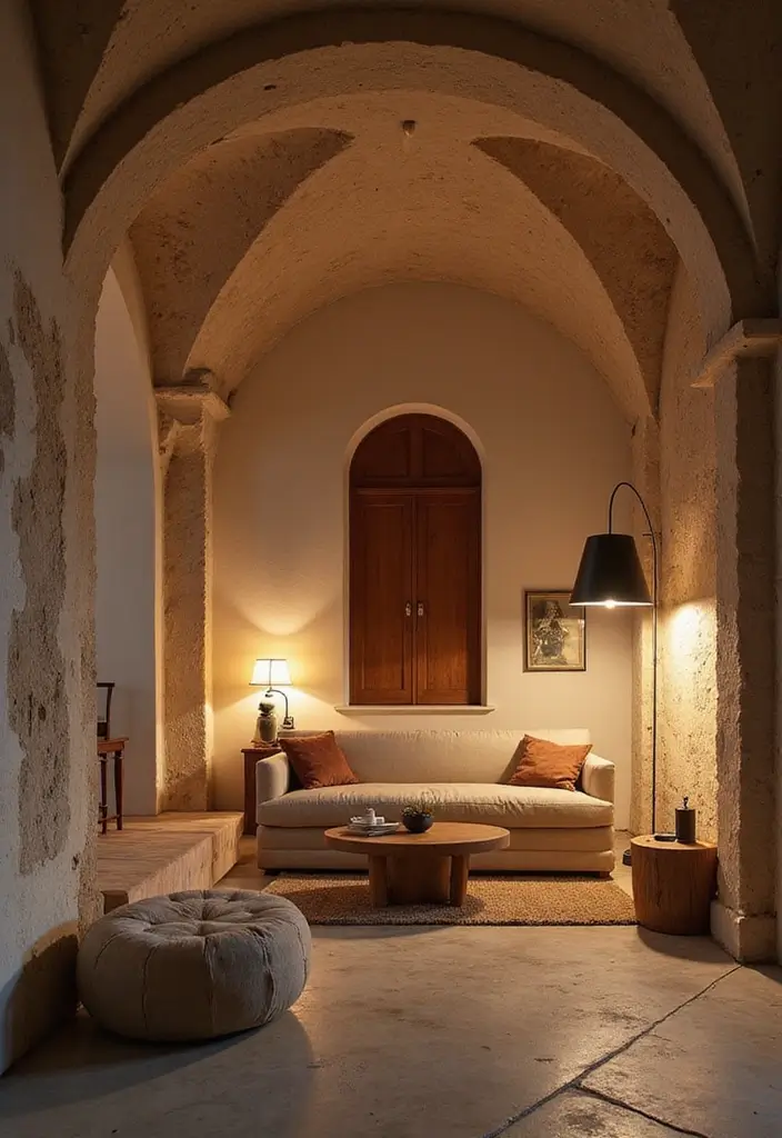 29 Arch Design Living Room With Cement Ideas That Feel Minimal and Modern - 4. Play with Lighting