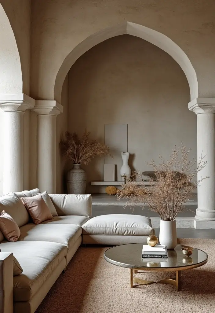 29 Arch Design Living Room With Cement Ideas That Feel Minimal and Modern - 6. Incorporate Metallic Accents