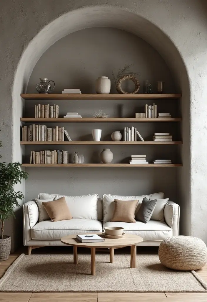 29 Arch Design Living Room With Cement Ideas That Feel Minimal and Modern - 8. Open Shelving Displays
