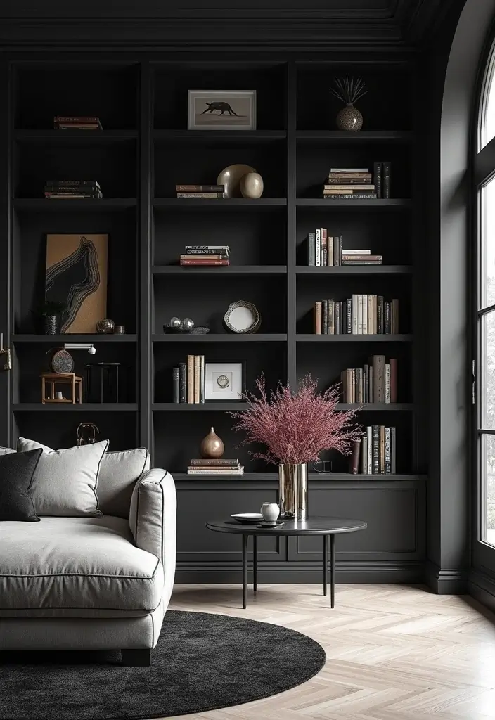 29 Black Glam Living Room Ideas That Feel Luxurious and Bold - 10. Stylish Shelving