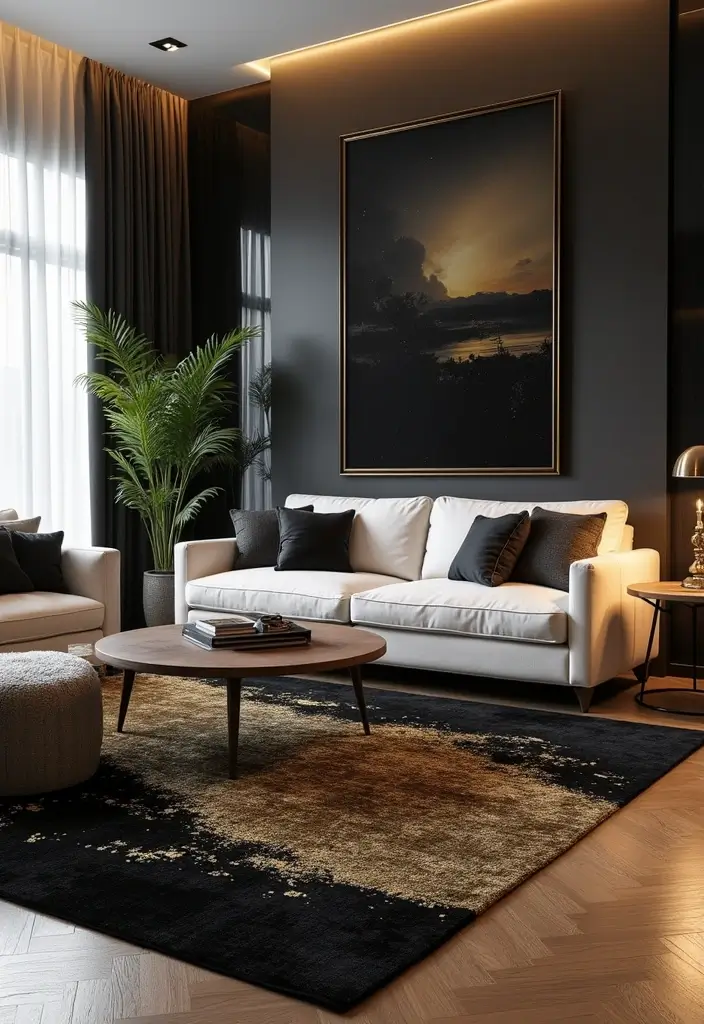 29 Black Glam Living Room Ideas That Feel Luxurious and Bold - 11. Bold Area Rugs