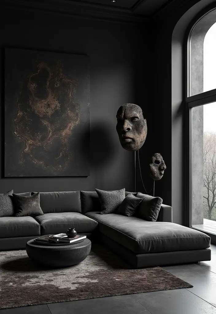 29 Black Glam Living Room Ideas That Feel Luxurious and Bold - 14. Unique Sculptural Elements