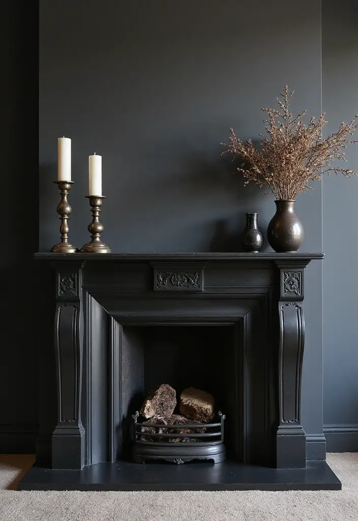 29 Black Glam Living Room Ideas That Feel Luxurious and Bold - 16. Elegant Fire Place Decor