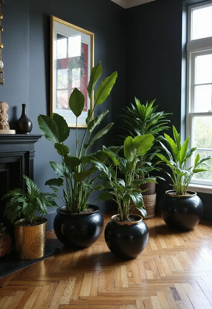 29 Black Glam Living Room Ideas That Feel Luxurious and Bold - 17. Stylish Plant Displays