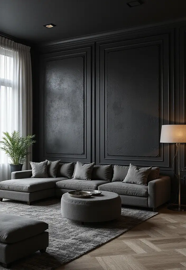 29 Black Glam Living Room Ideas That Feel Luxurious and Bold - 20. Textured Wall Finishes