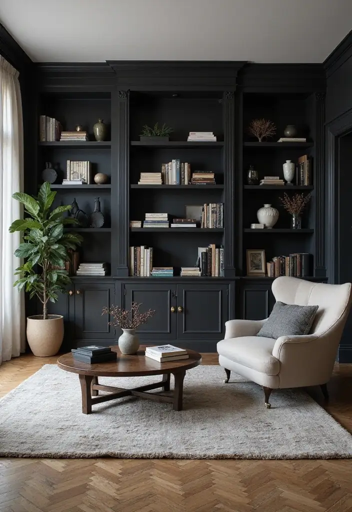 29 Black Glam Living Room Ideas That Feel Luxurious and Bold - 22. Built-In Shelves