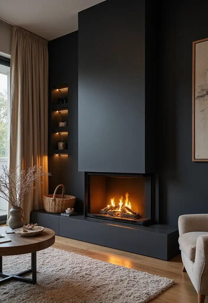 29 Black Glam Living Room Ideas That Feel Luxurious and Bold - 7. Modern Fireplace
