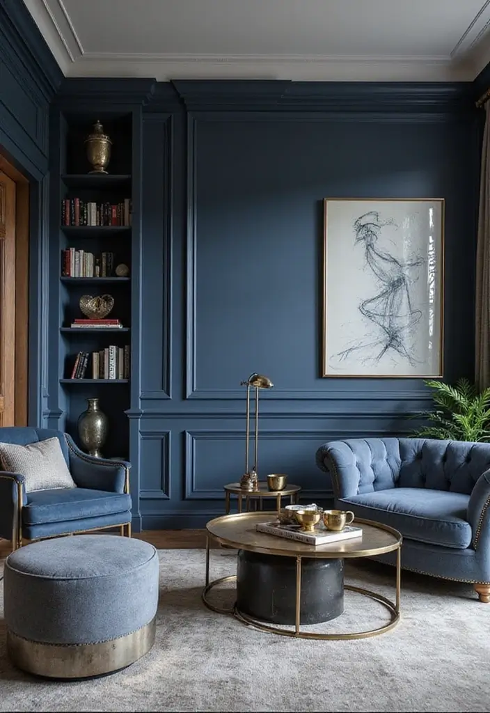 29 Blue and Silver Living Room Ideas That Feel Elegant and Cool - 1. Navy Blue Walls with Silver Trims