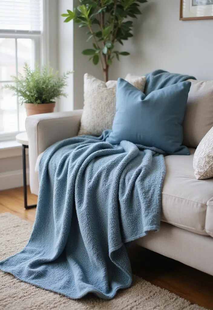 29 Blue and Silver Living Room Ideas That Feel Elegant and Cool - 13. Silver and Blue Throw Blankets
