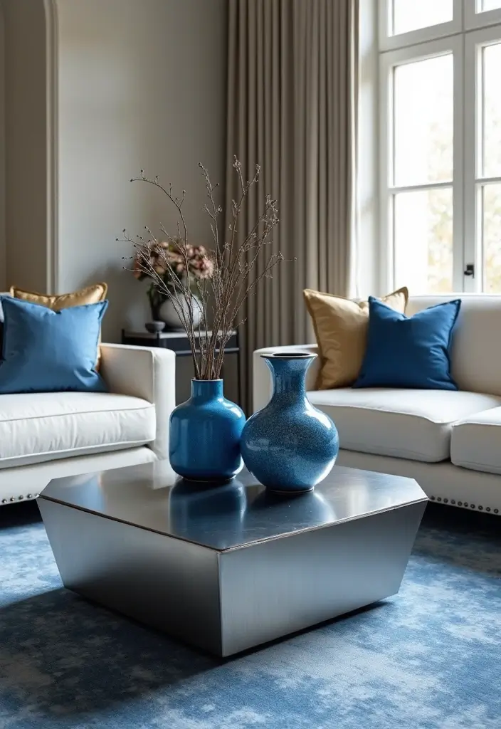 29 Blue and Silver Living Room Ideas That Feel Elegant and Cool - 15. Silver Coffee Table with Blue Accents