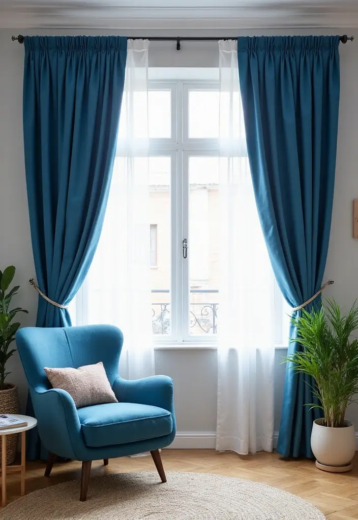 29 Blue and Silver Living Room Ideas That Feel Elegant and Cool - 16. Stylish Blue Curtains